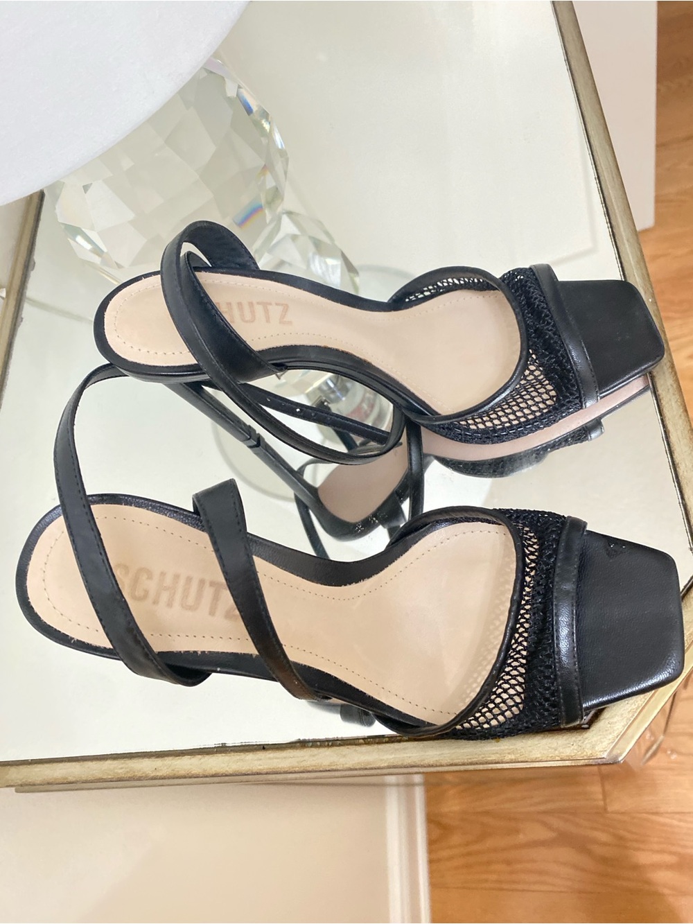 SCHUTZ Black Mesh Strappy High Heel Sandals